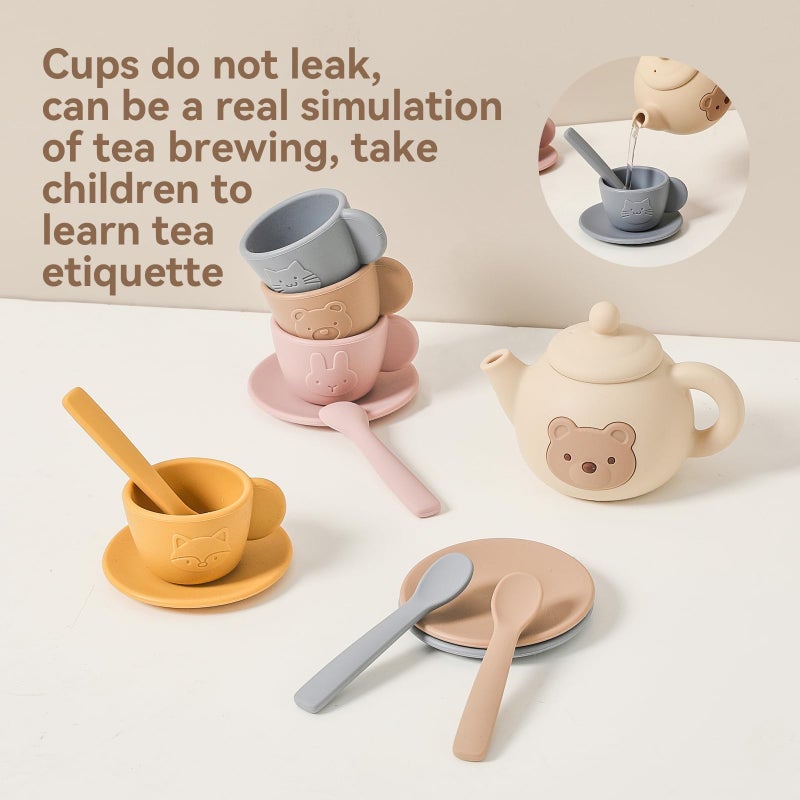 Toy Tea Set: BPA-Free Food-Grade Silicone Bear-Themed Pieces With Sturdy Wooden Tray - Foster Social Fine Motor Skills Tea Party Set for Toddlers Ages 3-6 Imaginative Play - Image 3
