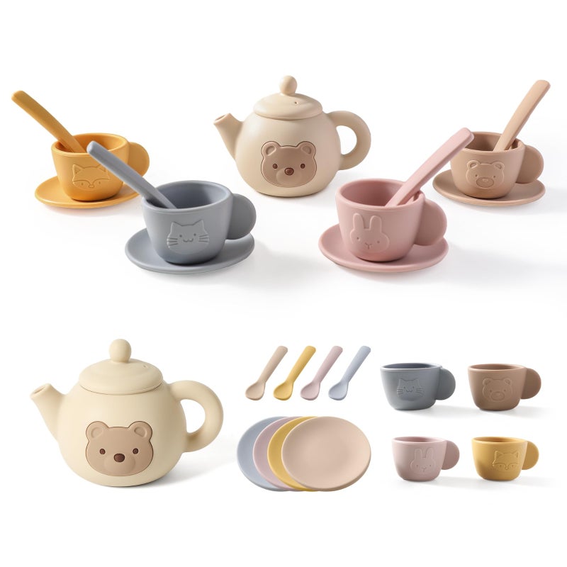 Toy Tea Set: BPA-Free Food-Grade Silicone Bear-Themed Pieces With Sturdy Wooden Tray - Foster Social Fine Motor Skills Tea Party Set for Toddlers Ages 3-6 Imaginative Play - Image 1