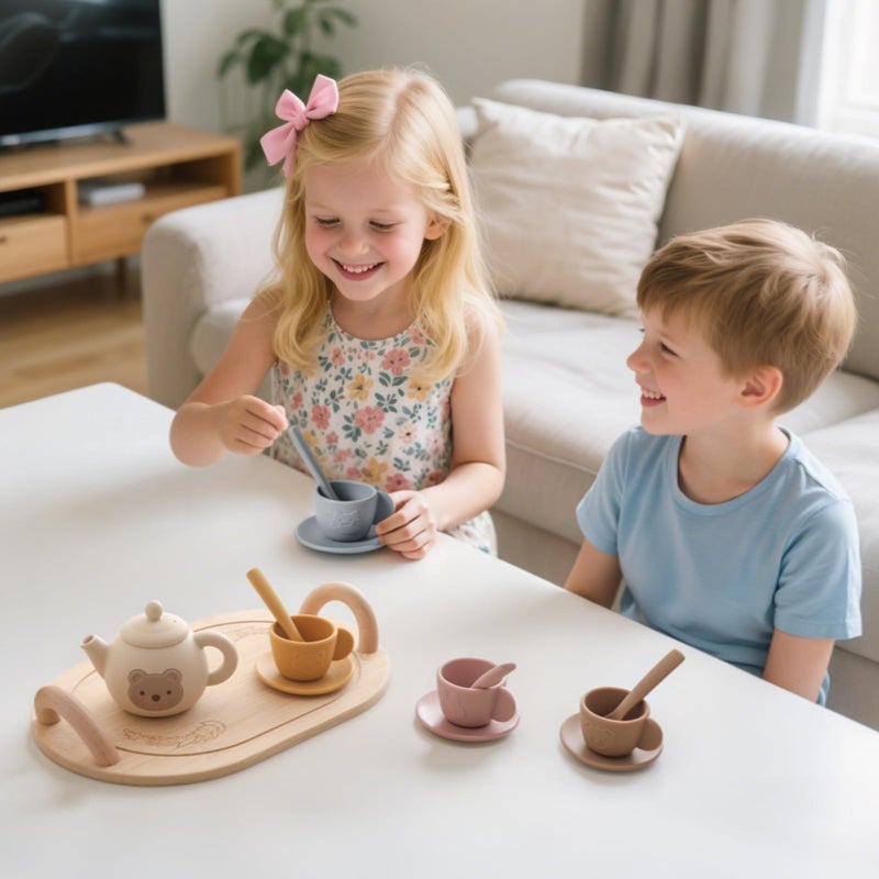 Toy Tea Set: BPA-Free Food-Grade Silicone Bear-Themed Pieces With Sturdy Wooden Tray - Foster Social Fine Motor Skills Tea Party Set for Toddlers Ages 3-6 Imaginative Play - Image 5