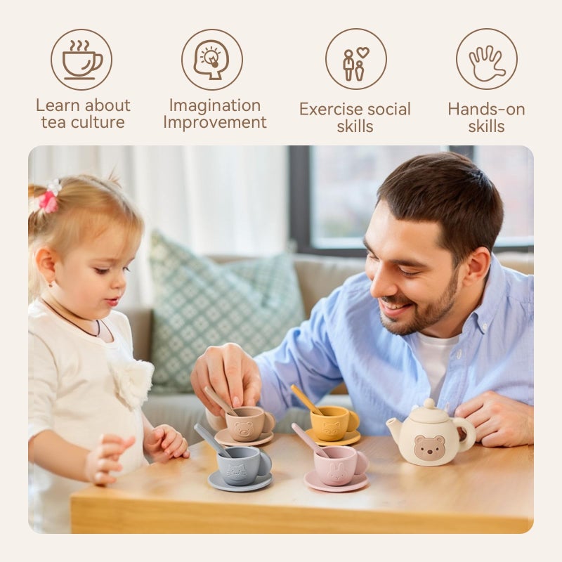 Toy Tea Set: BPA-Free Food-Grade Silicone Bear-Themed Pieces With Sturdy Wooden Tray - Foster Social Fine Motor Skills Tea Party Set for Toddlers Ages 3-6 Imaginative Play - Image 2