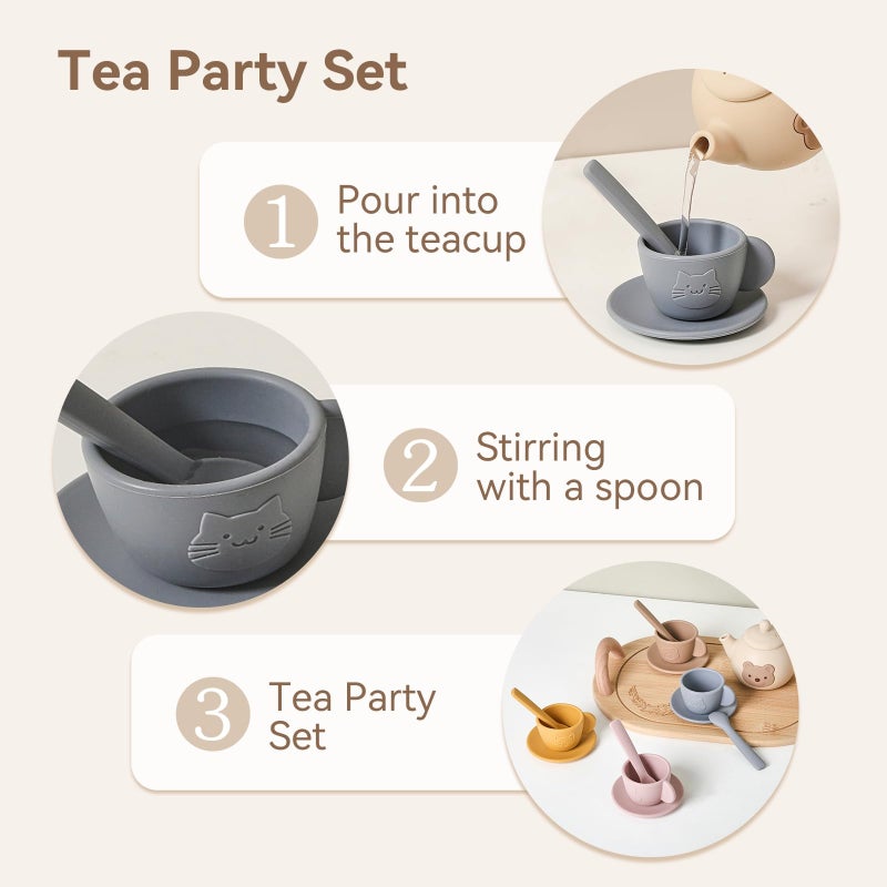 Toy Tea Set: BPA-Free Food-Grade Silicone Bear-Themed Pieces With Sturdy Wooden Tray - Foster Social Fine Motor Skills Tea Party Set for Toddlers Ages 3-6 Imaginative Play - Image 4