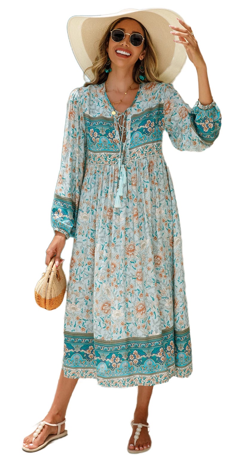 R.Vivimos Women's Long Sleeve Floral Print Retro V Neck Tassel Bohemian Midi Dresses (Large, BlueTurquoise) - Image 1