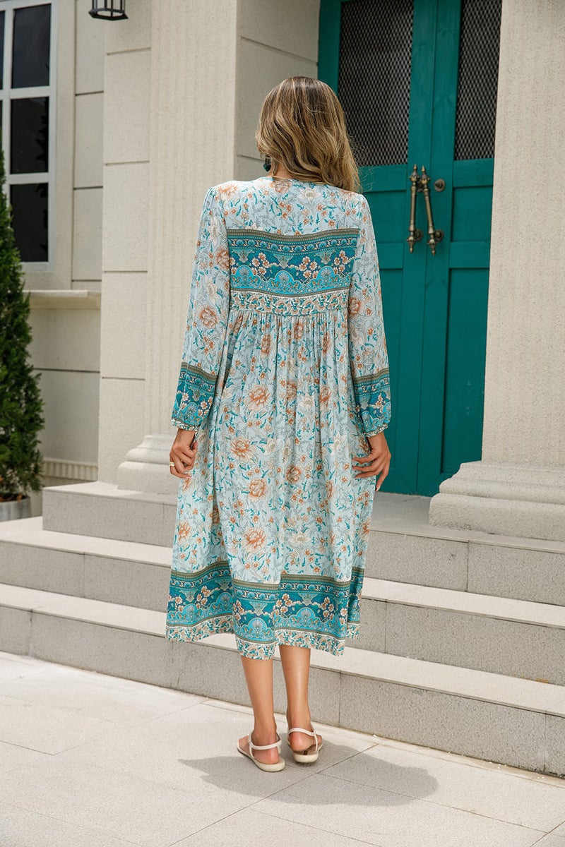 R.Vivimos Women's Long Sleeve Floral Print Retro V Neck Tassel Bohemian Midi Dresses (Large, BlueTurquoise) - Image 3
