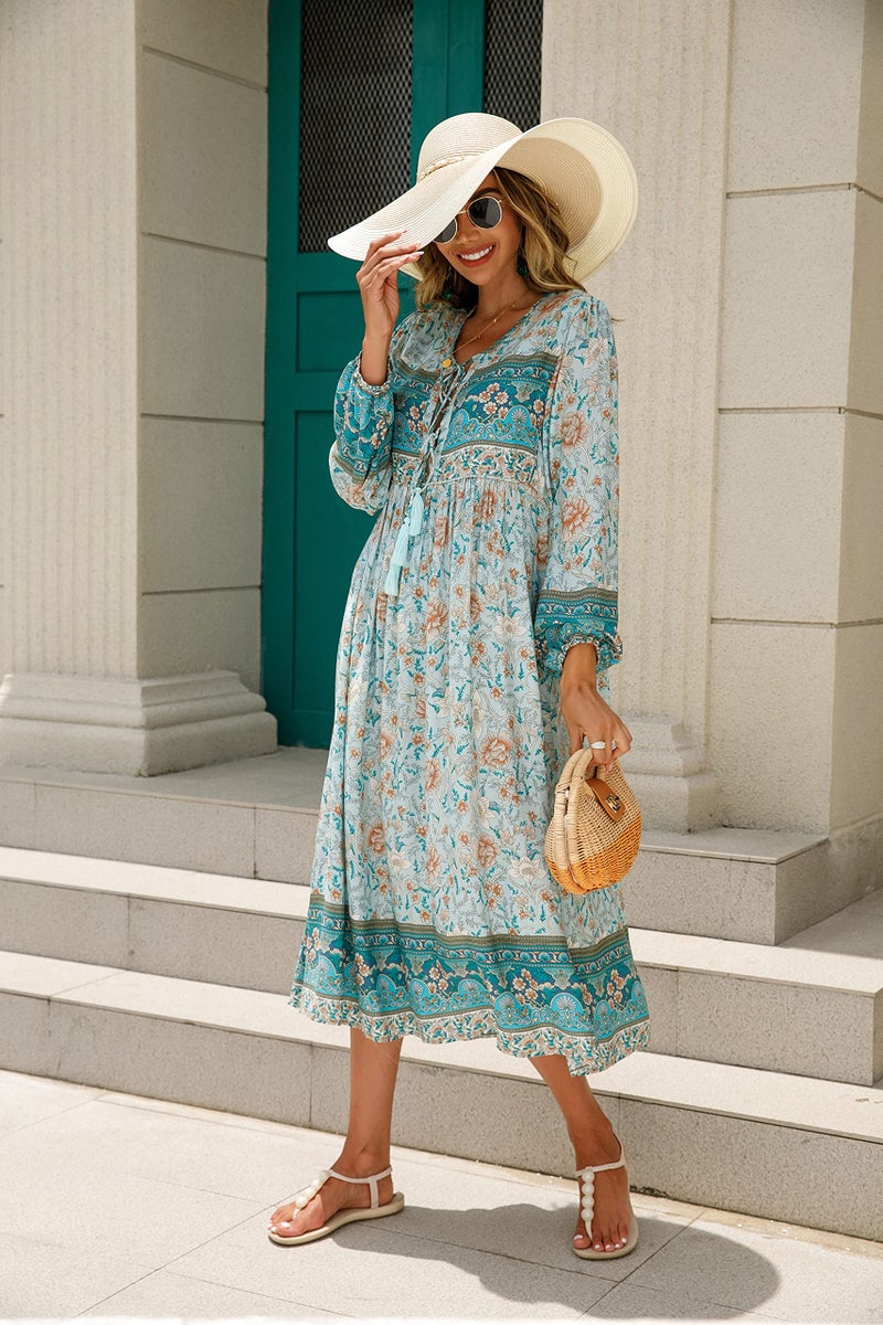 R.Vivimos Women's Long Sleeve Floral Print Retro V Neck Tassel Bohemian Midi Dresses (Large, BlueTurquoise) - Image 4