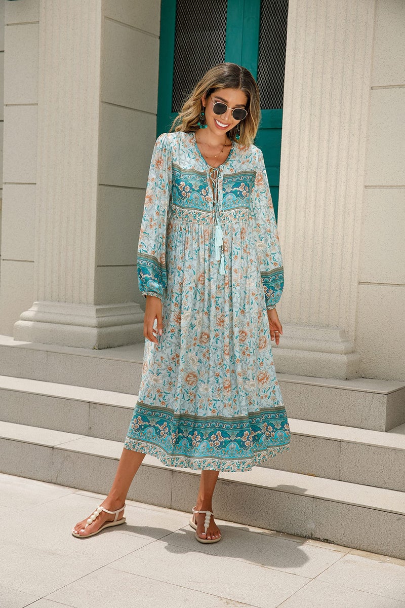 R.Vivimos Women's Long Sleeve Floral Print Retro V Neck Tassel Bohemian Midi Dresses (Large, BlueTurquoise) - Image 2