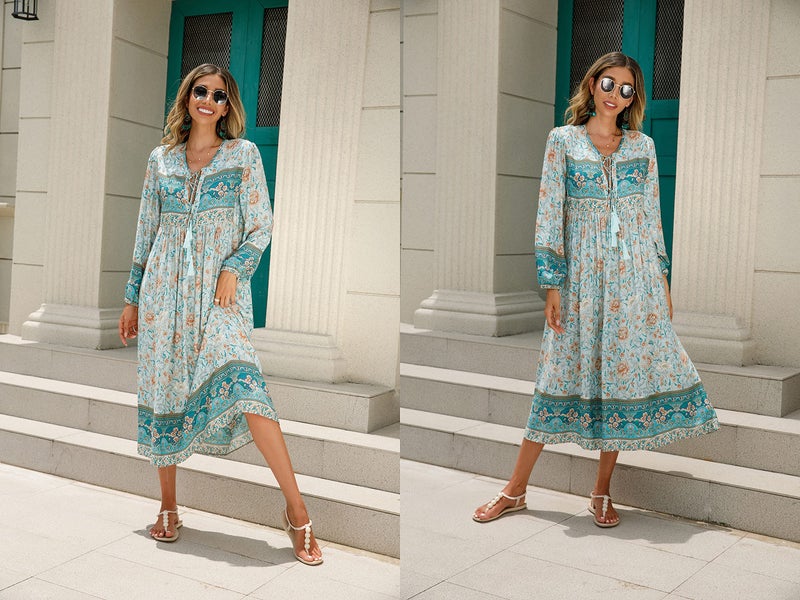 R.Vivimos Women's Long Sleeve Floral Print Retro V Neck Tassel Bohemian Midi Dresses (Large, BlueTurquoise) - Image 5
