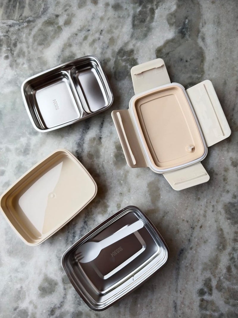 REMANG 2 layer SS Bento Lunch Box Insulated Thermal 3 Compartment Tiffin Box for KidsAdult Snacks Box School Office PicnicBeige - Image 4