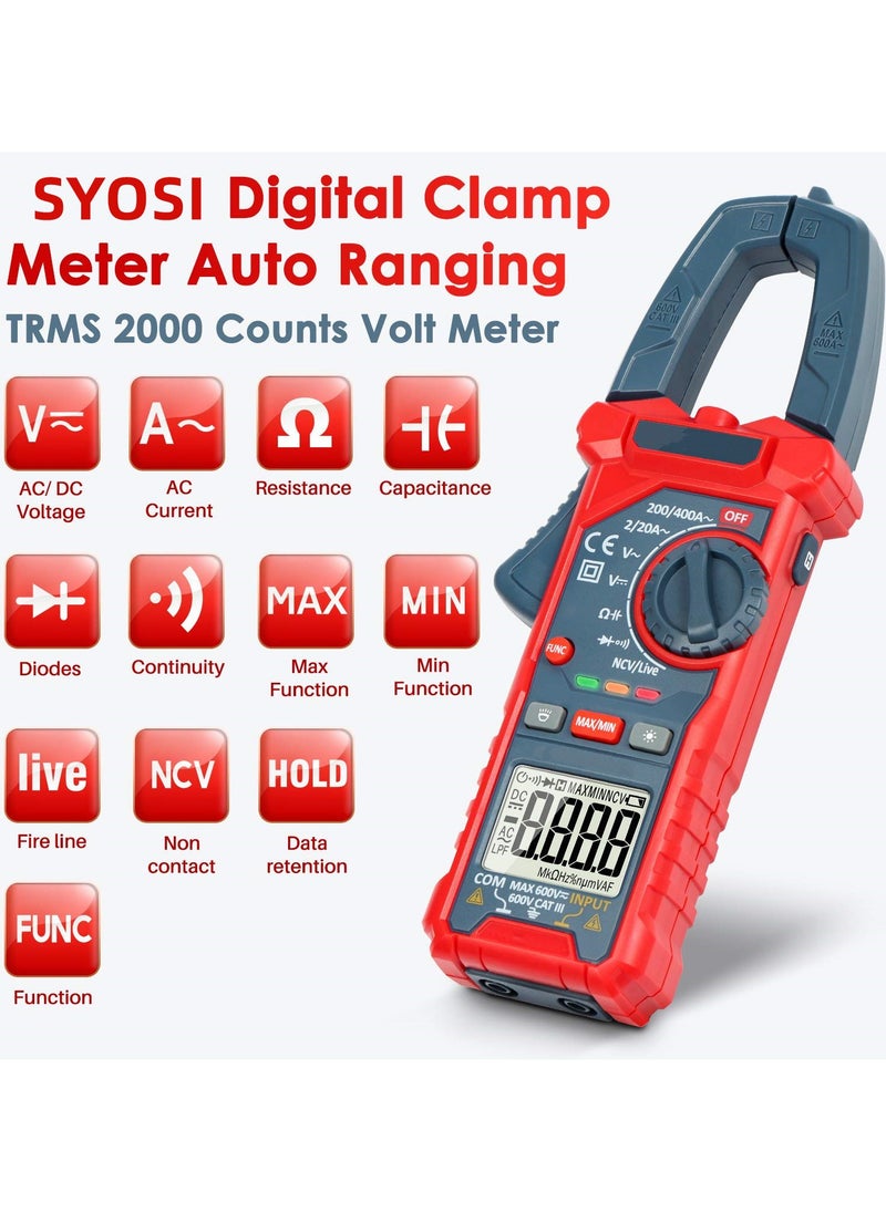 SYOSI - SYOSI Digital Clamp Meter, 2000 Counts Voltage Tester, Auto-ranging Clamp Meter for AC/DC Voltage, AC Current, Resistance, Capacitance, Continuity, Live Wire Test, Non-Contact Voltage Detection - Image 1