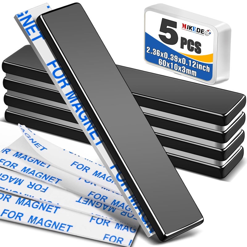 MIKEDE Neodymium Magnets, 5 Pack Black Super Strong Magnets Bar, Waterproof Heavy Duty Magnet with Adhesive Backing, Rare Earth Small Magnet Strips for Fridge, DIY, Craft, Science - 60x10x3 mm - Image 1