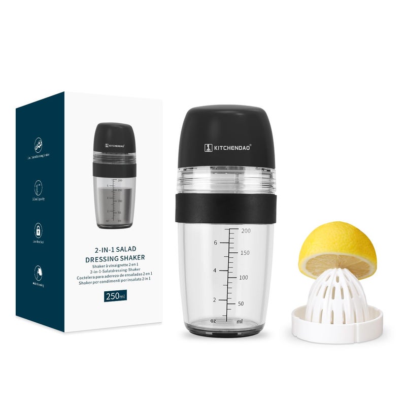 KITCHENDAO 2 in 1 Salad Dressing Shaker Container with Juicer Pour Spout LeakprooF Soft Grip Dishwasher Safe Homemade Oil and Vinegar Salad Dressing Bottle Mixer Dispenser BPA Free 1 Cup Black