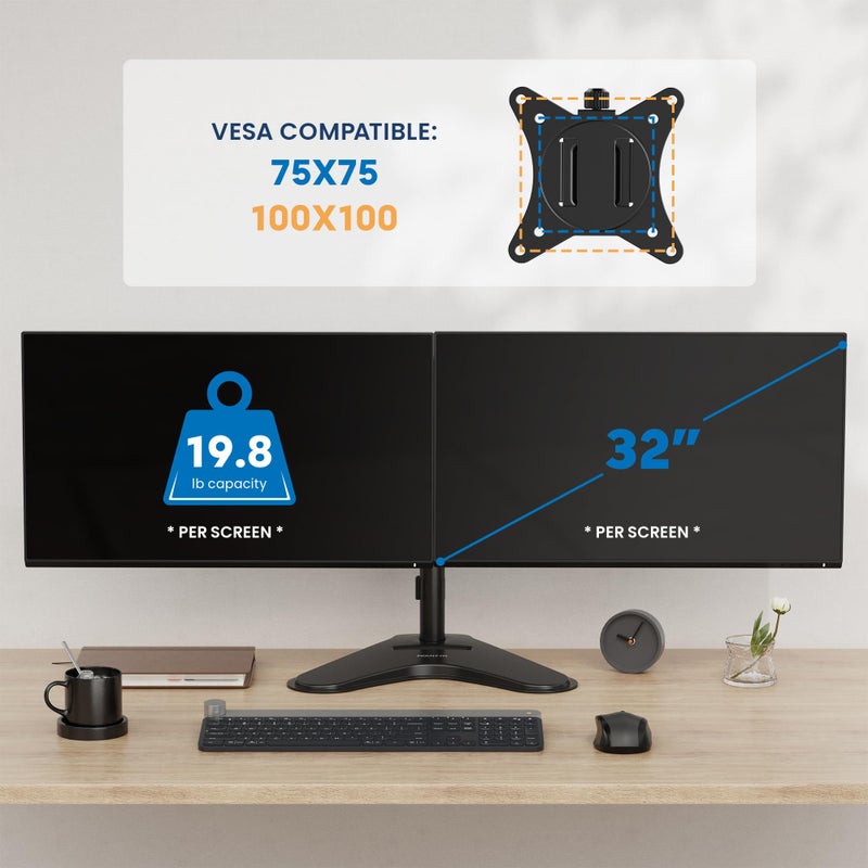 Mount-It! Dual Monitor Stand for Desk, Free Standing Monitor Mount for 2 Screens up to 32â€, Height Adjustable with Tilt, Swivel & Rotation, VESA 75x75 & 100x100 - Image 4