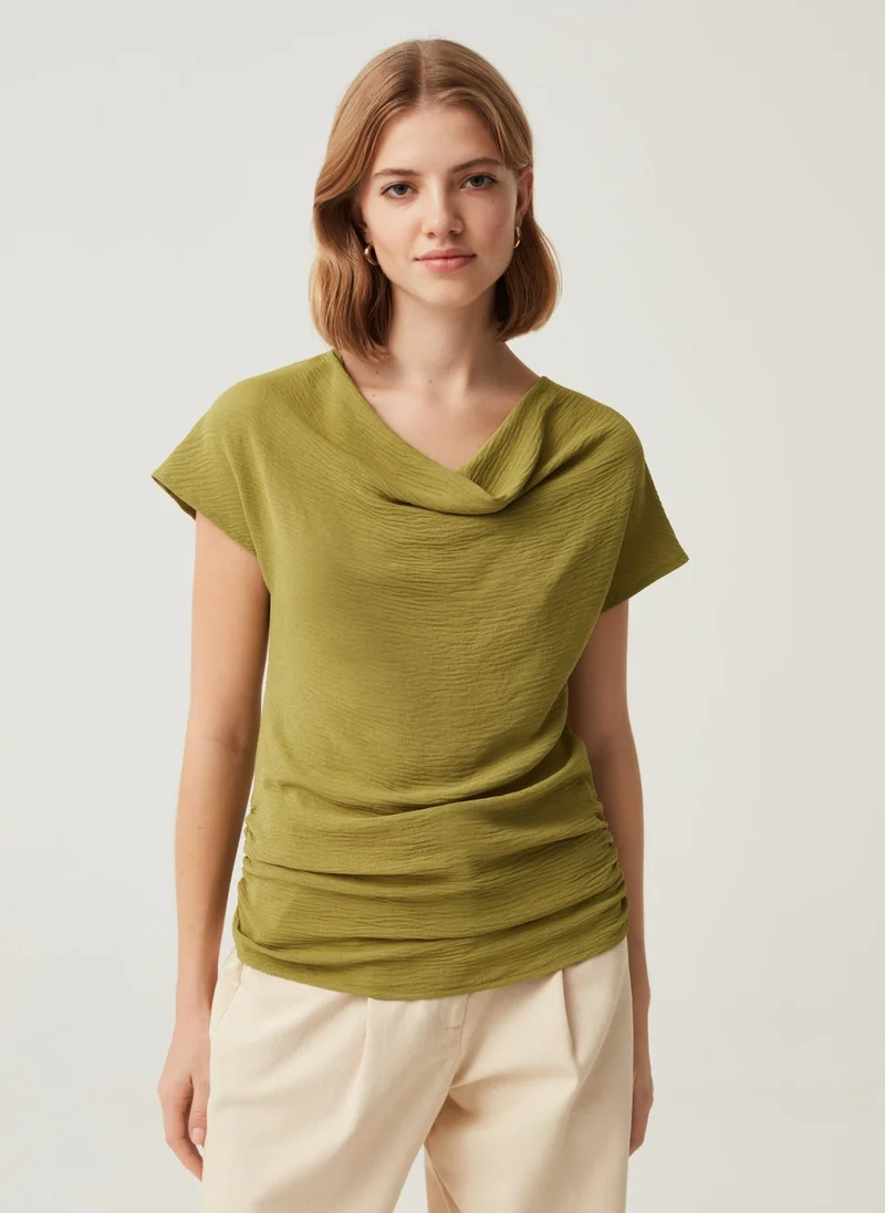 او في اس Ovs Womens Cowl Neck Ruched Side Seam T-Shirt