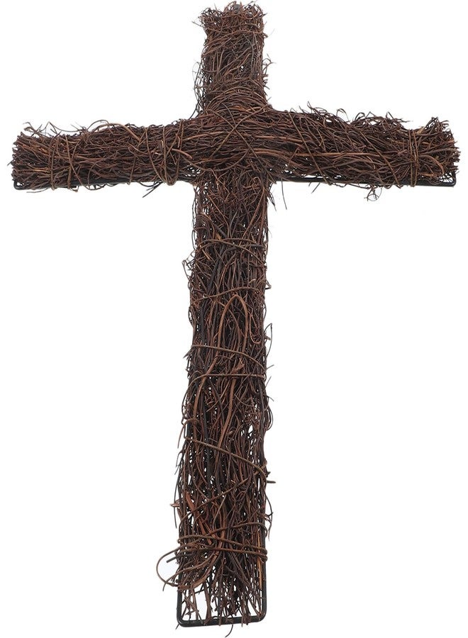 جارنيك صليب من الخيزران مقاس 16 بوصة من جارنيك، مناسب للحدائق الخارجية والمقابر، مع حلقات من أغصان الكرمة، وإكليل من أغصان الكرمة، وصليب ريفي لتزيين حفلات عيد الفصح والأعمال اليدوية. - Image 1