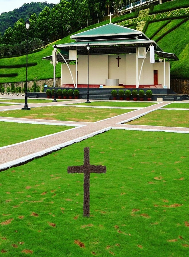 جارنيك صليب من الخيزران مقاس 16 بوصة من جارنيك، مناسب للحدائق الخارجية والمقابر، مع حلقات من أغصان الكرمة، وإكليل من أغصان الكرمة، وصليب ريفي لتزيين حفلات عيد الفصح والأعمال اليدوية. - Image 3