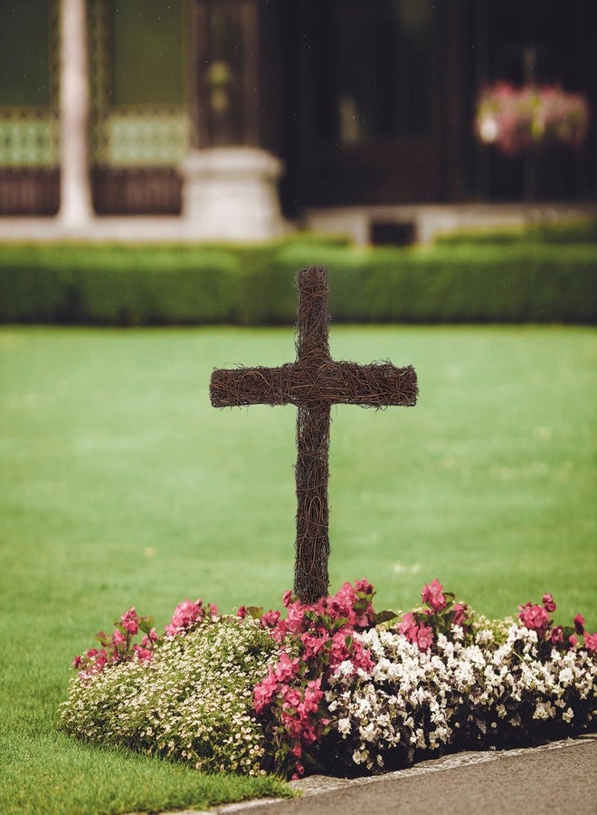 جارنيك صليب من الخيزران مقاس 16 بوصة من جارنيك، مناسب للحدائق الخارجية والمقابر، مع حلقات من أغصان الكرمة، وإكليل من أغصان الكرمة، وصليب ريفي لتزيين حفلات عيد الفصح والأعمال اليدوية. - Image 4