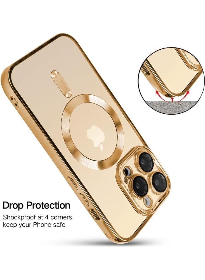 جراب هاتف مصمم خصيصًا لهاتف iPhone 14 Pro بشاشة 6.1 بوصة، مزود بواقي لعدسة الكاميرا، متوافق مع تقنية MagSafe، مقاوم للخدوش والصدمات، مطلي بالكهرباء، غطاء هاتف رفيع مناسب للرجال والنساء - ذهبي - Image 3