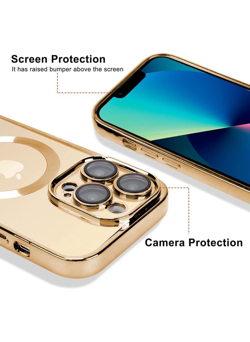 جراب هاتف مصمم خصيصًا لهاتف iPhone 14 Pro بشاشة 6.1 بوصة، مزود بواقي لعدسة الكاميرا، متوافق مع تقنية MagSafe، مقاوم للخدوش والصدمات، مطلي بالكهرباء، غطاء هاتف رفيع مناسب للرجال والنساء - ذهبي - Image 5
