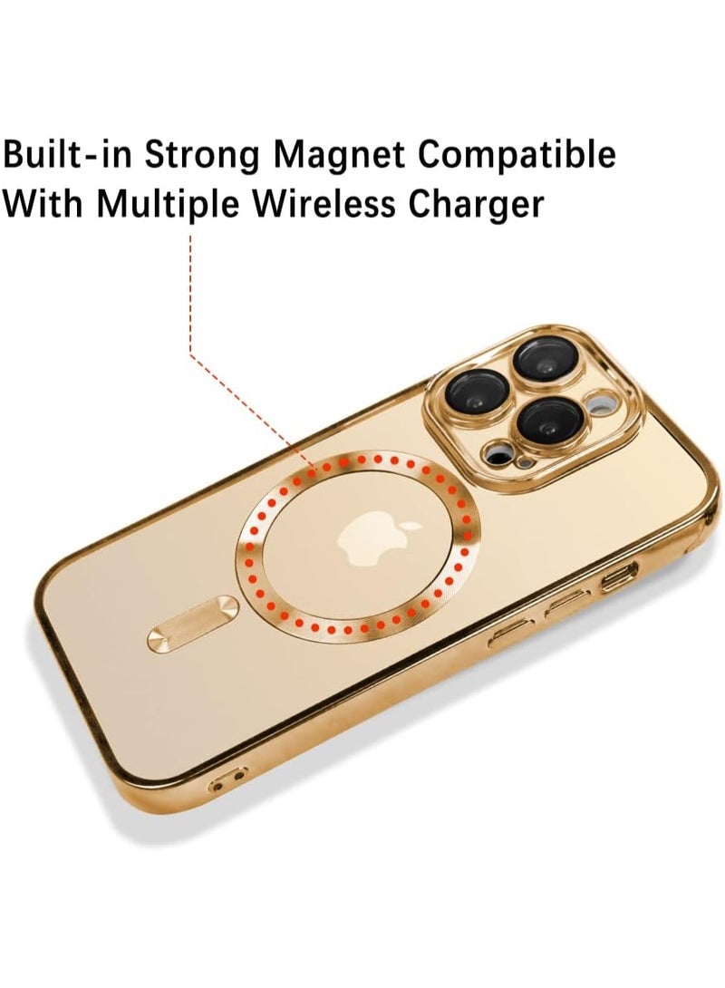 جراب هاتف مصمم خصيصًا لهاتف iPhone 14 Pro بشاشة 6.1 بوصة، مزود بواقي لعدسة الكاميرا، متوافق مع تقنية MagSafe، مقاوم للخدوش والصدمات، مطلي بالكهرباء، غطاء هاتف رفيع مناسب للرجال والنساء - ذهبي - Image 2