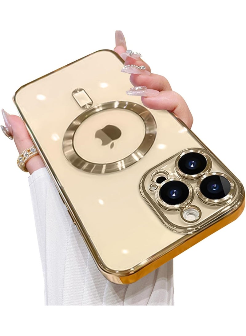 جراب هاتف مصمم خصيصًا لهاتف iPhone 14 Pro بشاشة 6.1 بوصة، مزود بواقي لعدسة الكاميرا، متوافق مع تقنية MagSafe، مقاوم للخدوش والصدمات، مطلي بالكهرباء، غطاء هاتف رفيع مناسب للرجال والنساء - ذهبي - Image 1