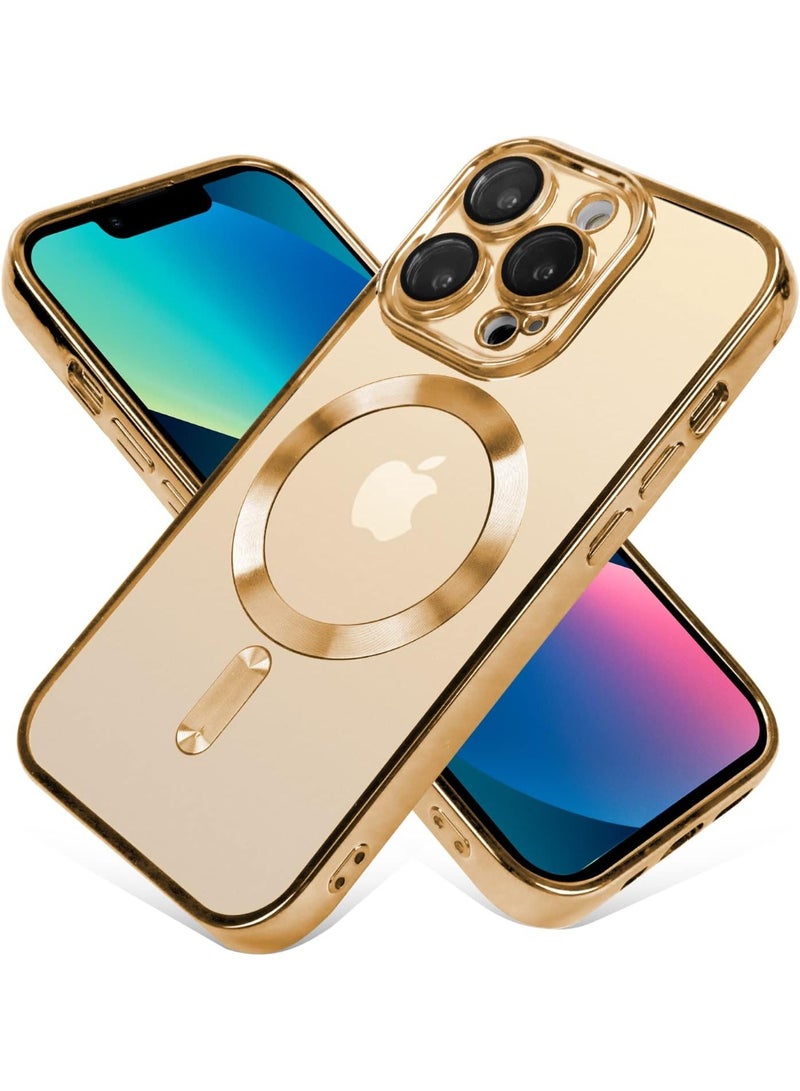 جراب هاتف مصمم خصيصًا لهاتف iPhone 14 Pro بشاشة 6.1 بوصة، مزود بواقي لعدسة الكاميرا، متوافق مع تقنية MagSafe، مقاوم للخدوش والصدمات، مطلي بالكهرباء، غطاء هاتف رفيع مناسب للرجال والنساء - ذهبي - Image 4