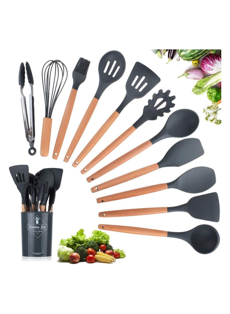 12 Piece Nonstick Silicone Cooking Utensils Set With Wooden Handles , Kitchen Utensils , Spatula , Silicone Utensils, Nonstick Cookware, Heat Resistance  - Image 1