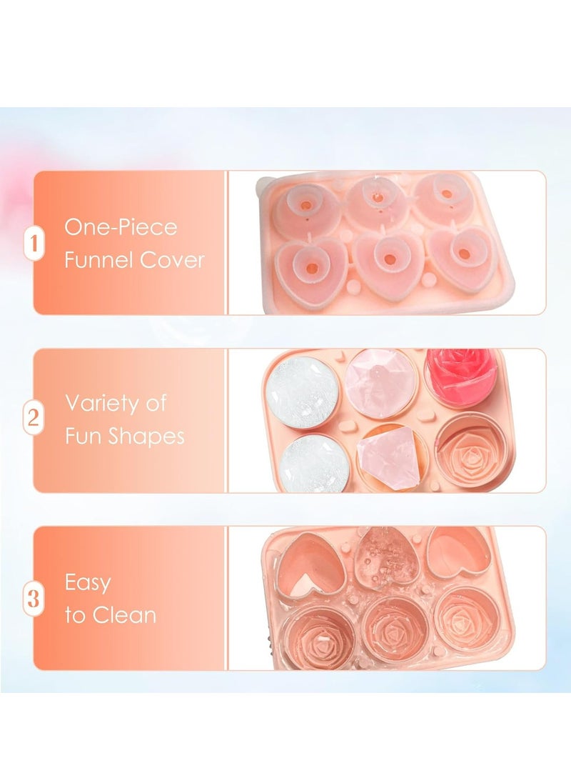 Oasisgalore - 2 Pack Pink Silicone Ice Cube Tray with 3D Large Multi-Shape Molds with Funnel-type Lid for Ice Mold Gifts. - Image 1