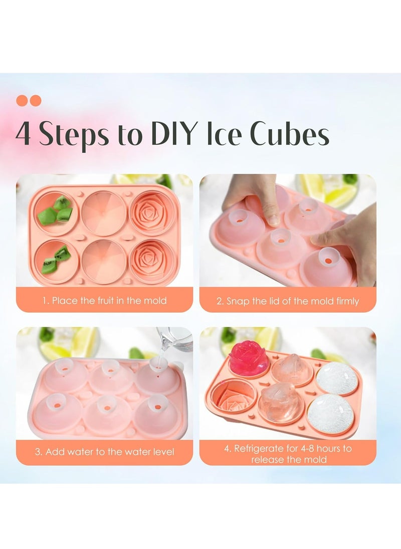 Oasisgalore - 2 Pack Pink Silicone Ice Cube Tray with 3D Large Multi-Shape Molds with Funnel-type Lid for Ice Mold Gifts. - Image 1
