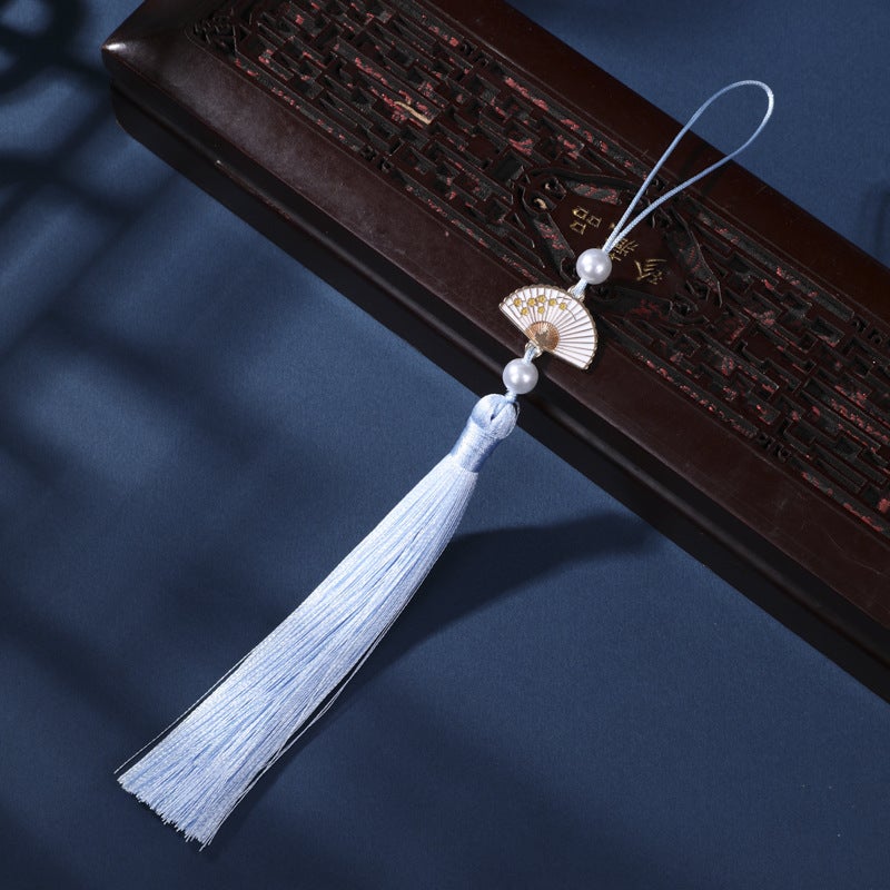 Pearl White Fan Tassel Hanfu Phone Bag Charm Light blue