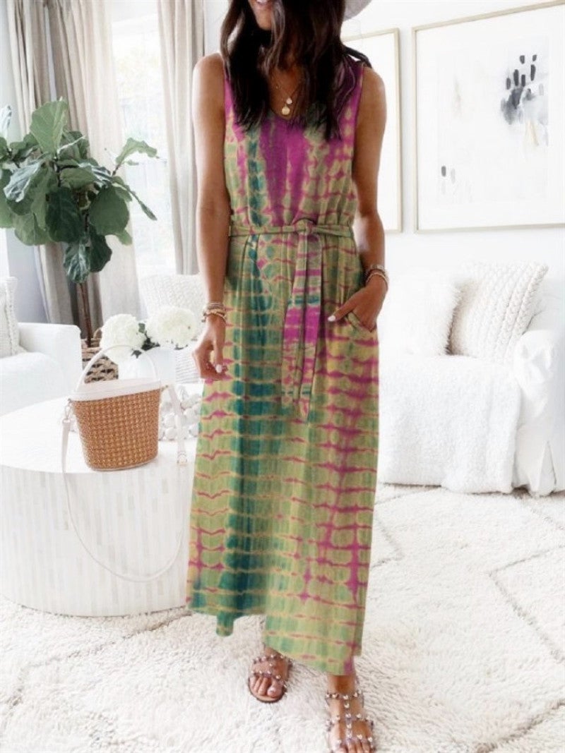 2022 European and American cross-border women's clothing foreign trade new loose printing vest belted dress women purple XL - Image 1