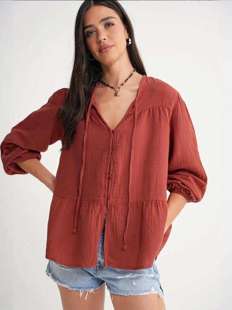 MixRay Mixray Long Sleeve Relaxed Fit Blouse with Tie-Neck