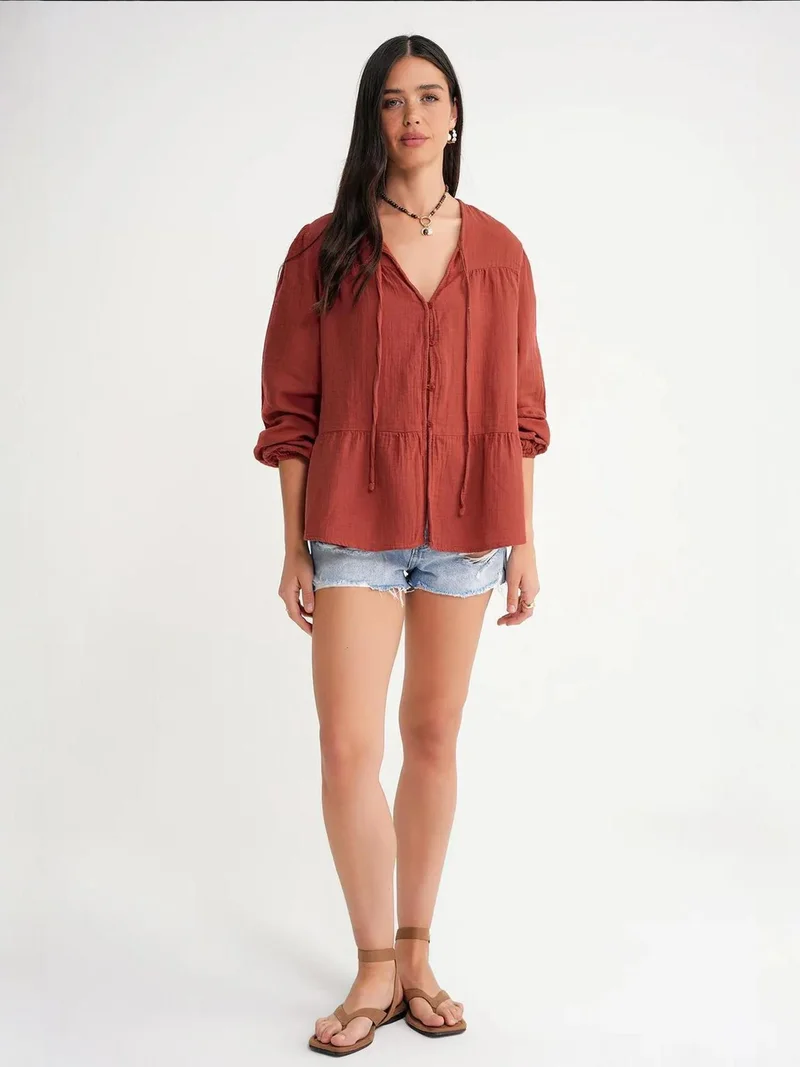 MixRay Mixray Long Sleeve Relaxed Fit Blouse with Tie-Neck