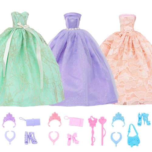 BJDBUS 17 Pcs Wedding Clothes and Accessories for 115 inch Doll Set 3 Pcs Fashion Party Gown Dresses 14 pcs Shoes Crowns Necklaces Handbag Fairy Wands Accessories for Girl Doll Stuff - Image 1