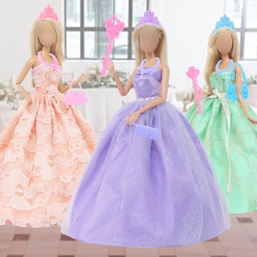 BJDBUS 17 Pcs Wedding Clothes and Accessories for 115 inch Doll Set 3 Pcs Fashion Party Gown Dresses 14 pcs Shoes Crowns Necklaces Handbag Fairy Wands Accessories for Girl Doll Stuff - Image 5