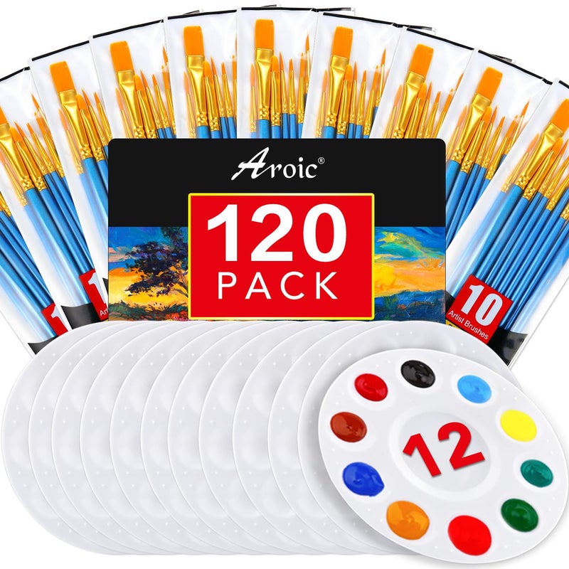 AROIC Painting Brush Palette Set, with 12 Packs of 120 Brushes and 12 Palettes,Nylon Brush Head, Suitable for Oil Watercolor, etc., Perfect Art Painting Set. - Image 1
