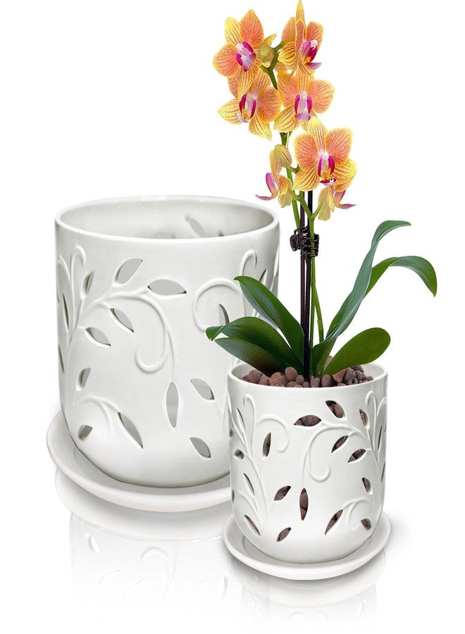 KERUITA Orchid Pots with Holes,6 inch + 5 inch Ceramic Planters Set of 2 with 2 Bottom Tray, Enhanced Drainage and Ventilation,White Flower Pots for Indoor/Outdoor Plants for Repotting - Image 1