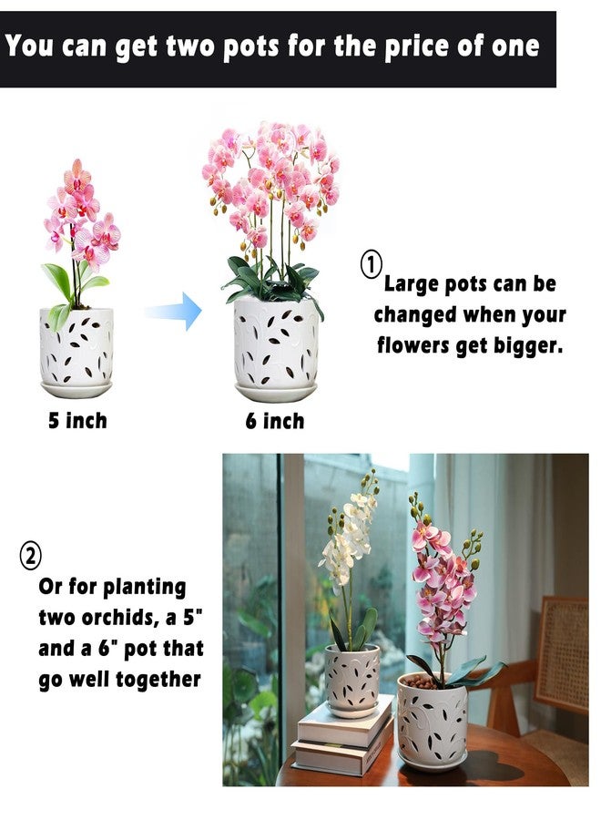 KERUITA Orchid Pots with Holes,6 inch + 5 inch Ceramic Planters Set of 2 with 2 Bottom Tray, Enhanced Drainage and Ventilation,White Flower Pots for Indoor/Outdoor Plants for Repotting - Image 2