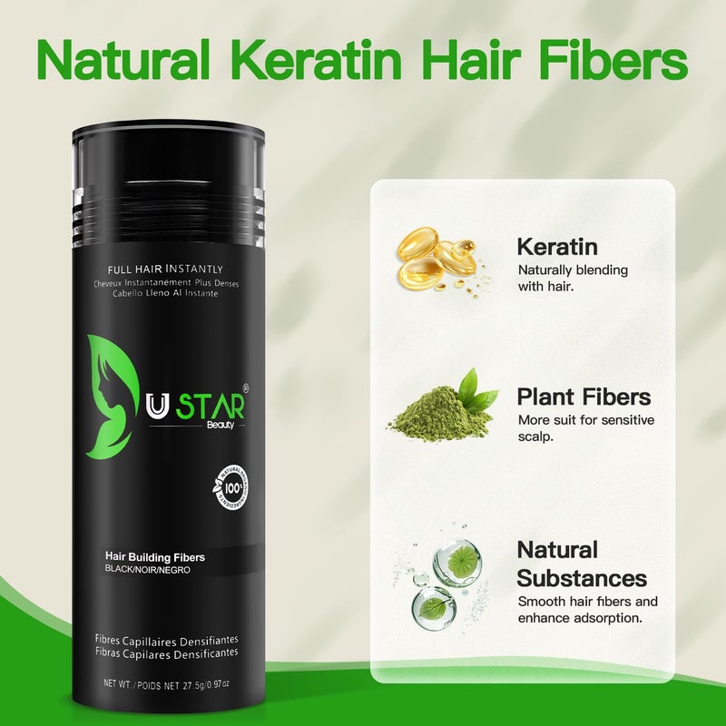 USTAR Hair Building Fibers 77.5g, USTAR 5 in 1 Hair Fibers for Thinning Hair with Holding Spray for Instantly Thicker, Fuller Look, Natural Hair Powder for Men & Women (Black) - Image 2