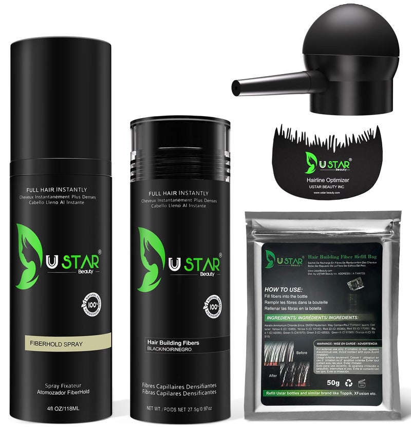 USTAR Hair Building Fibers 77.5g, USTAR 5 in 1 Hair Fibers for Thinning Hair with Holding Spray for Instantly Thicker, Fuller Look, Natural Hair Powder for Men & Women (Black) - Image 1