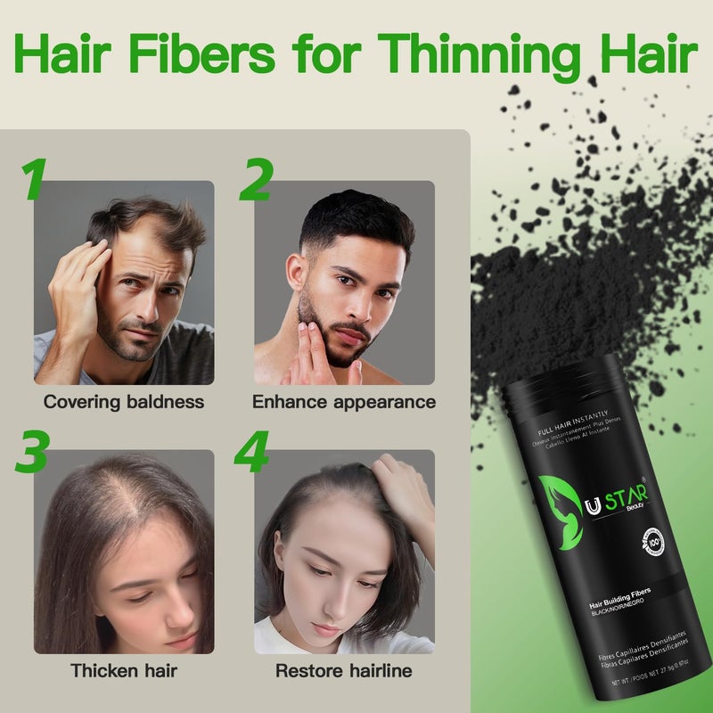 USTAR Hair Building Fibers 77.5g, USTAR 5 in 1 Hair Fibers for Thinning Hair with Holding Spray for Instantly Thicker, Fuller Look, Natural Hair Powder for Men & Women (Black) - Image 3