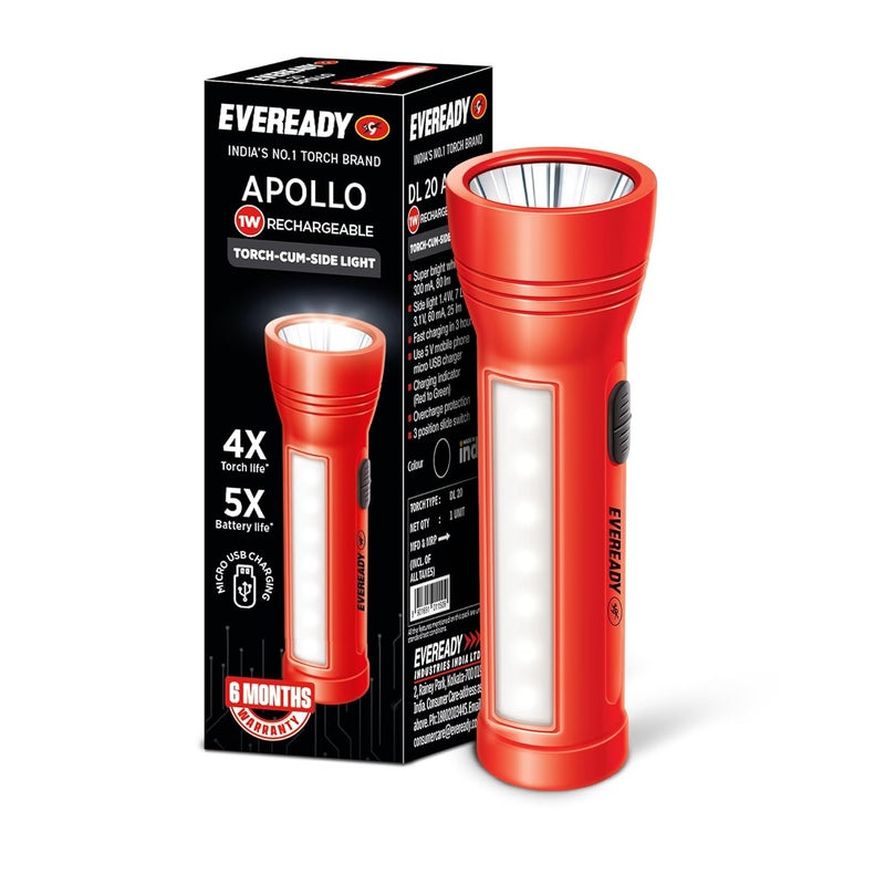 Eveready Apollo DL20, Rechargeable 1W Led Torch Cum 1.4W Emergency Sidelight/Face Light, Type-B/Micro USB Fast Charging, Overcharge & Deep Discharge Protection, Powered by Li-Ion Battery - Image 1