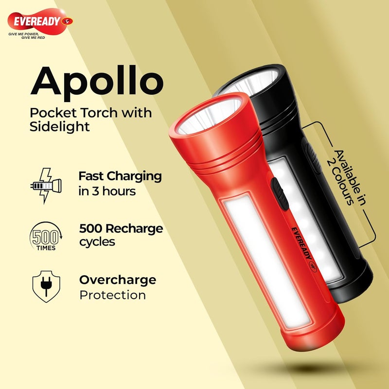 Eveready Apollo DL20, Rechargeable 1W Led Torch Cum 1.4W Emergency Sidelight/Face Light, Type-B/Micro USB Fast Charging, Overcharge & Deep Discharge Protection, Powered by Li-Ion Battery - Image 3
