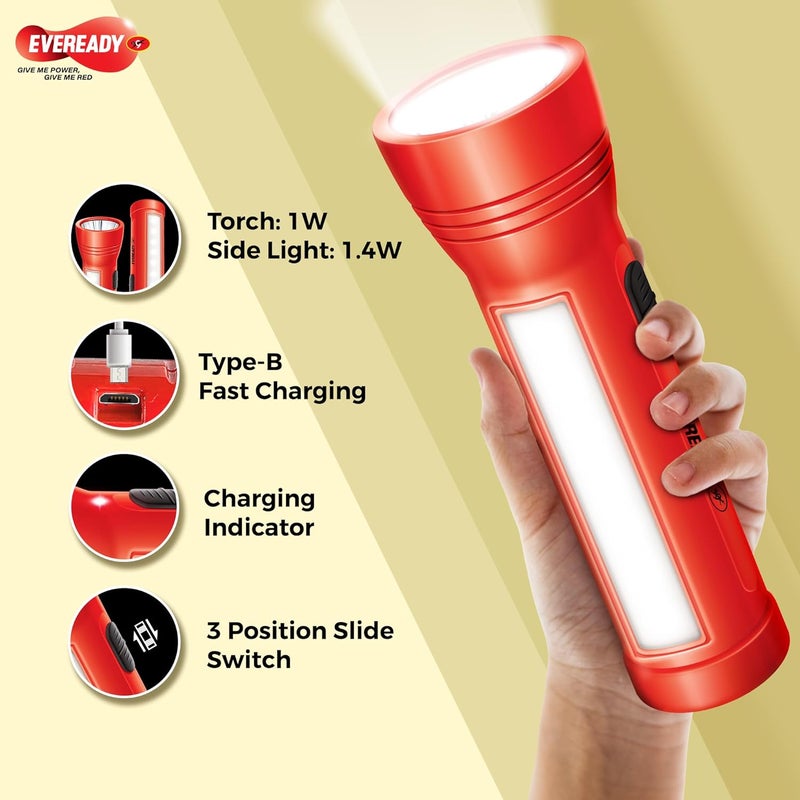 Eveready Apollo DL20, Rechargeable 1W Led Torch Cum 1.4W Emergency Sidelight/Face Light, Type-B/Micro USB Fast Charging, Overcharge & Deep Discharge Protection, Powered by Li-Ion Battery - Image 2