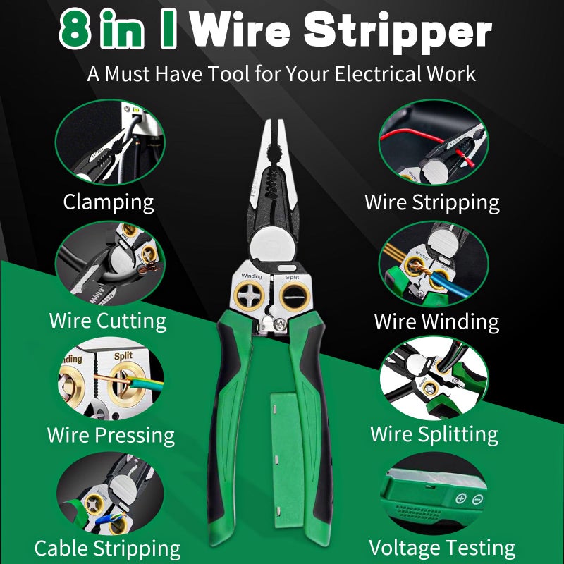 JUSTHERE 8 in 1 Wire Stripper with Voltage Tester, Wire Stripping Tool for Heavy Duty 12V-220V AC/DC Tester Hot/Neutral Wires, Multi-Functional Electrician Repair Tool - Image 2