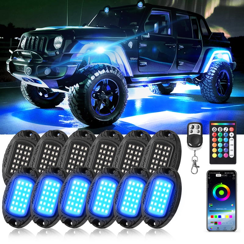12Pods Metal RGB LED Rock Lights with Bluetooth APPRF Remote Control 288LED Multicolor Underglow Lights Kit with Dual Zone Music Mode 12V Underbody Light Waterproof for Trucks Jeep Golf Cart Pickup
