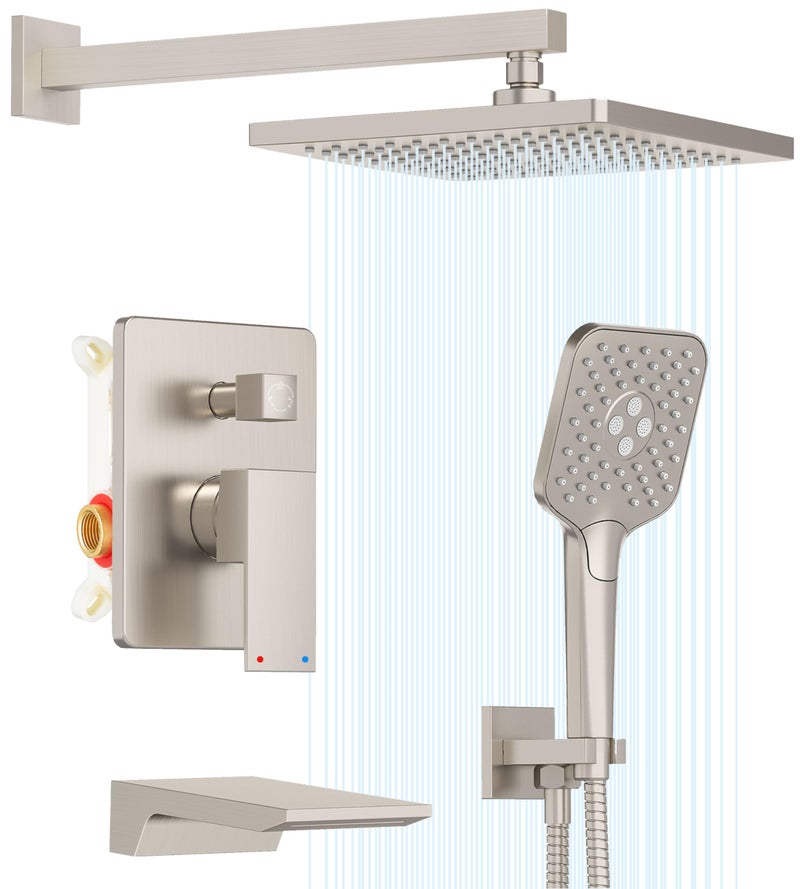 Gabrylly Shower System with Tub Spout Wall Mounted Tub Shower Faucet Set for Bathroom with High Pressure 10 Rain Shower head and 3Setting Handheld Shower Head Set Brushed Nickel