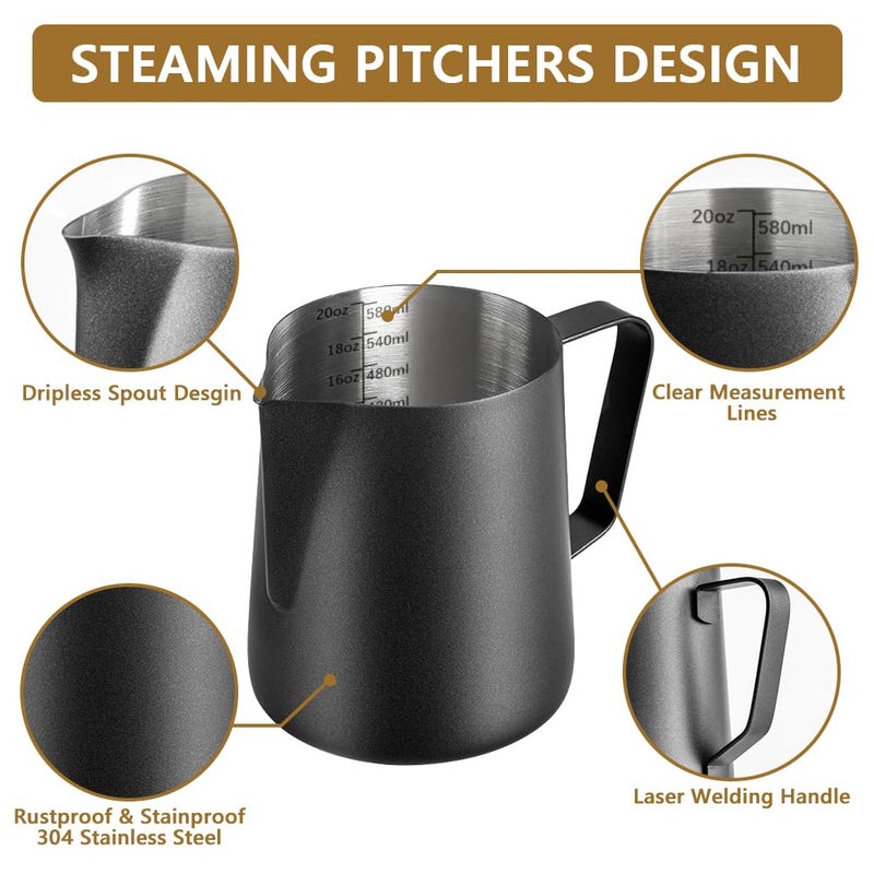 NewGF Frothing Milk Pitcher, 20 oz/600 ml Stainless Steel Frothing Milk Jug with Latte Art Pen,with Internal Measurements, for Cappuccino, Espresso and More - Image 4