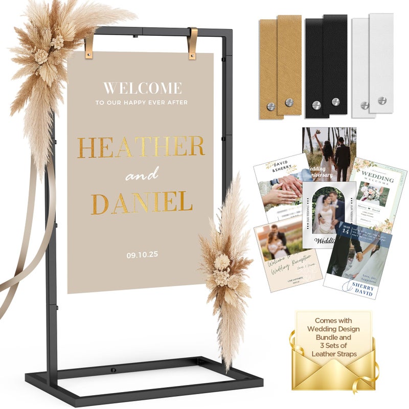 CFRERO Welcome to Our Wedding Sign Stand, Adjustable Portable Seating Chart Holder for Wedding Entrance Reception, Black Metal Linen Fabric Display Easel with Design Bundle & Hanging Straps for Party DÃ©cor - Image 1
