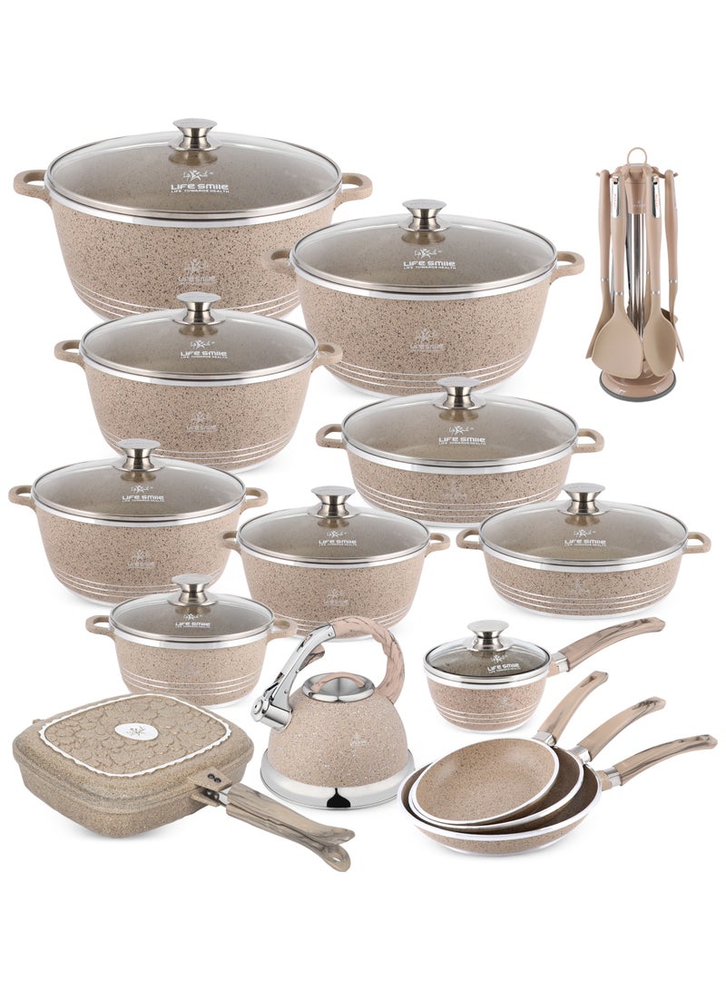 Life Smile 31pcs Nonstick Granite Cookware Set – Premium Non Stick Cookwares, Kitchen Cooking Pots & Soup Pots | Induction Base Pots & Pans Set | Casseroles (20/24/28/32/36/40cm) with Lids, 28/32cm Shallow Pots, 30cm Double Grill Pan, 1.3L Sauce Pan, 3.0L Whistling Kettle, Frying Pans (20/24/28cm) & Silicone Kitchen Spoons with Stand - Image 1