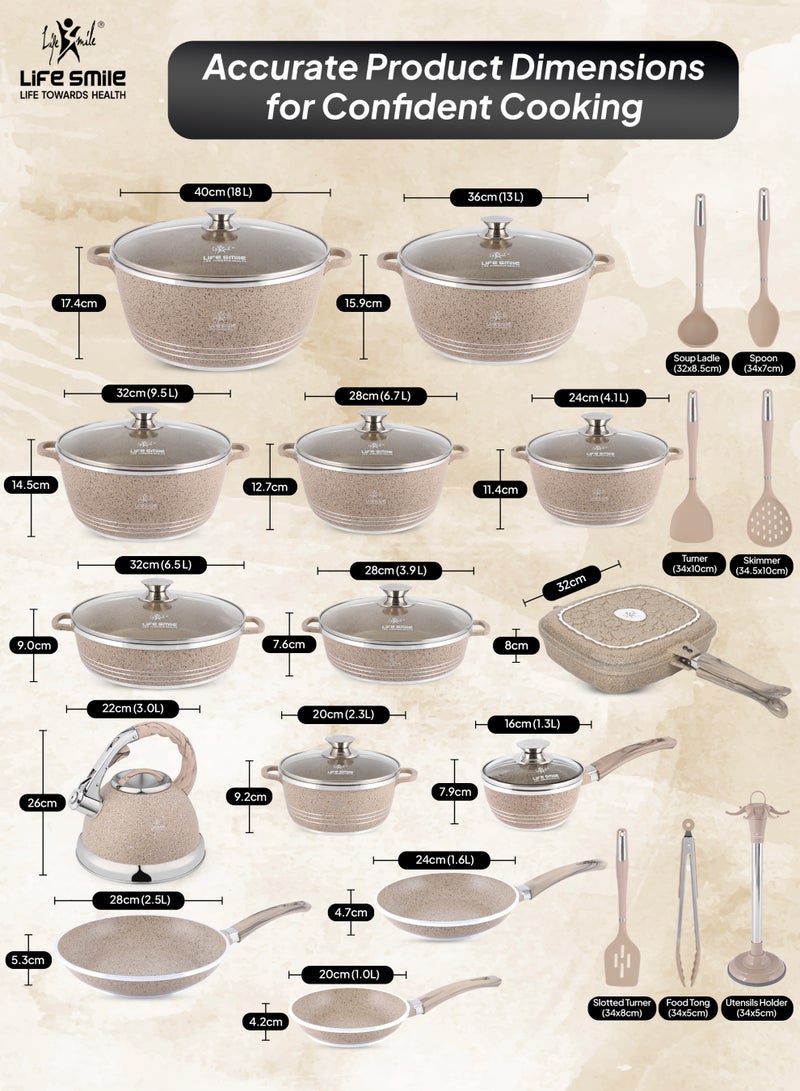 Life Smile 31pcs Nonstick Granite Cookware Set – Premium Non Stick Cookwares, Kitchen Cooking Pots & Soup Pots | Induction Base Pots & Pans Set | Casseroles (20/24/28/32/36/40cm) with Lids, 28/32cm Shallow Pots, 30cm Double Grill Pan, 1.3L Sauce Pan, 3.0L Whistling Kettle, Frying Pans (20/24/28cm) & Silicone Kitchen Spoons with Stand - Image 3