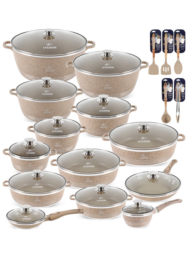 Life Smile 31pcs Nonstick Granite Cookware Set – Premium Non Stick Cookwares, Kitchen Cooking Pots & Soup Pots | Pots & Pans Set | Casseroles (20/24/28/32/36/40cm) with Lids, 28/32/36/40cm Shallow Pots,1.3L Sauce Pan,Frying Pans (20/28cm) & Silicone Kitchen Spoons - Image 1
